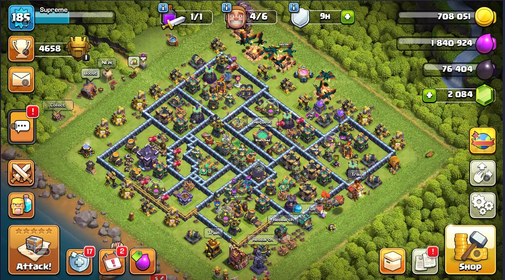 Clash of Clans account th 15 maxed th 14 buildings K70 Q76 MK53 W53 R30 LEVEL 185 6 BUILDERS