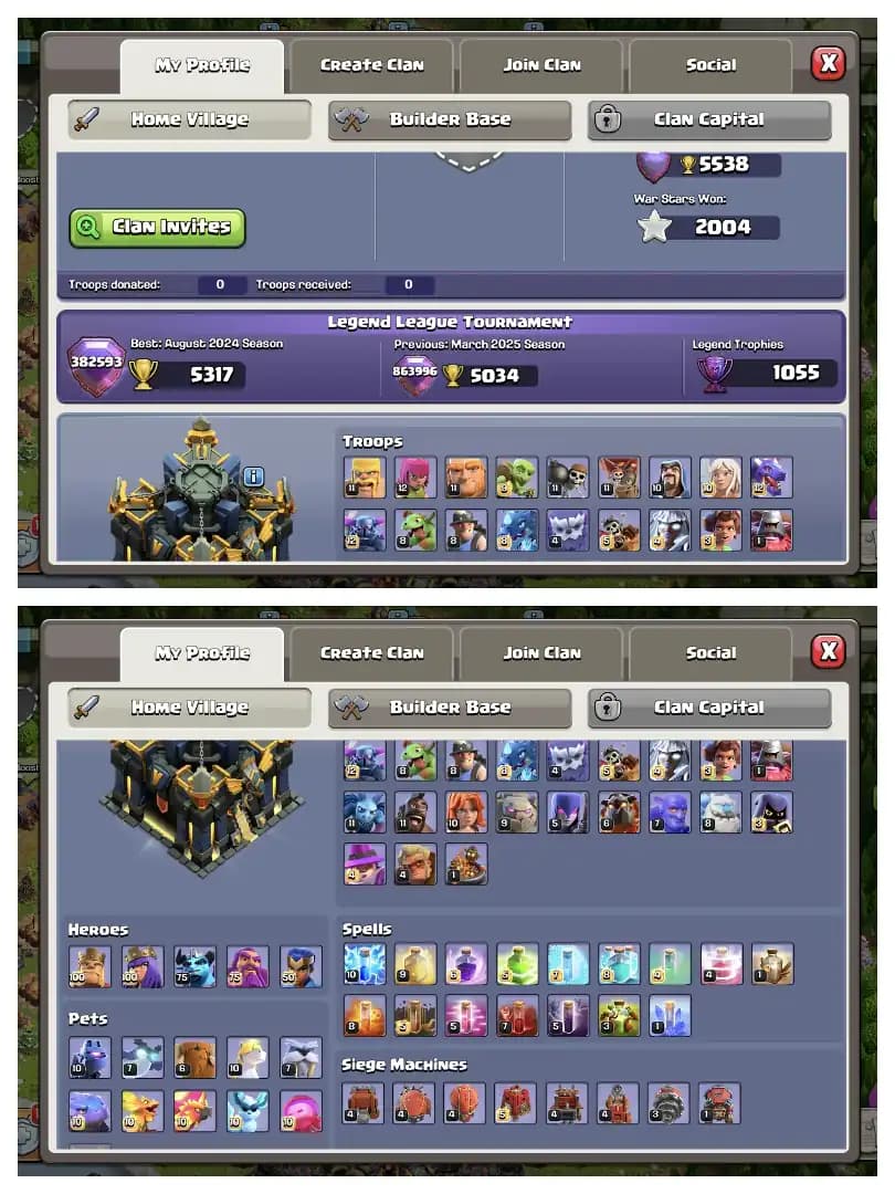 HEROS 100-100-75-75-50 🔥  TH 17 MAX ACCOUNT ✔️ HIGH EPIC EQUIPMENT 🔥 MAX DEF ✔️ HIGH LAB+WALL ⚡ EVERY SIDE HIGH 🔥 BEST OFFER