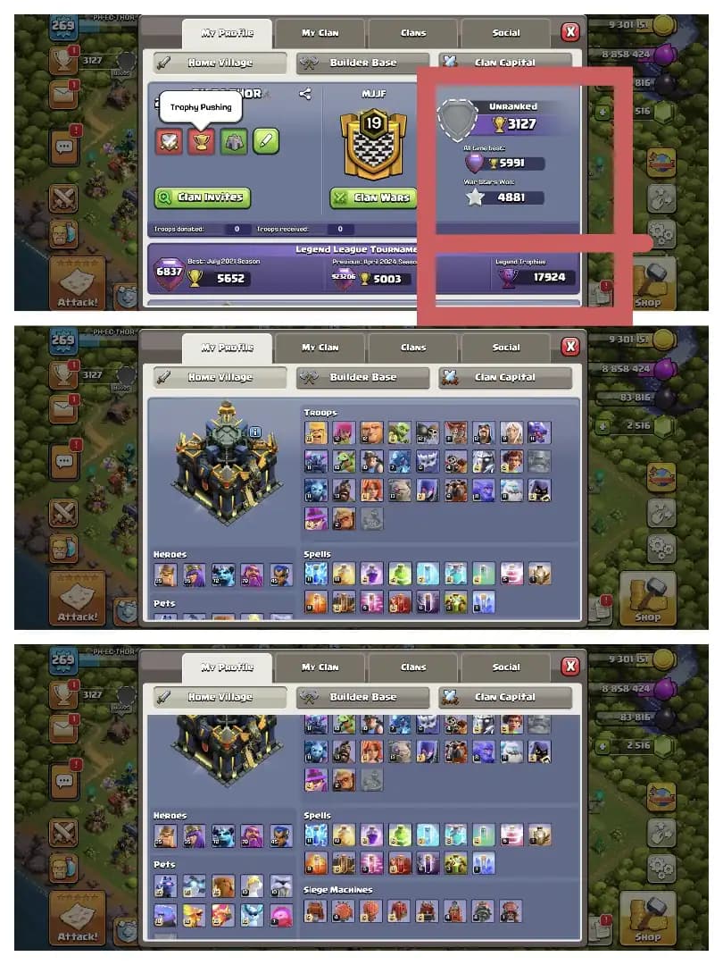 XP-269 🔥 4881 WS ✔️ TH 17 MAX ACCOUNT 🔥 17.9k LEGEND CUP ⚡ HEROS 95-95-72-70-45 ✔️ EPIC EQUIPMENT 🔥 HUGE HERO SKIN ⚡ 1500 CWL MEDEL ✔️ GOOD COLLECTION 👌 BEST OFFER