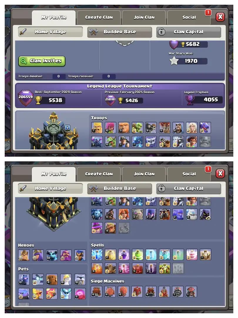 HEROS 100-100-84-75-50 🔥 TH 17 MAX ACCOUNT ✔️ HIGH EPIC EQUIPMENT ⚡ FUTURE SCENERY 🔥 HUGE COLLECTION ✔️ EVERY SIDE SUPER QUALITY ⚡ BEST OFFER