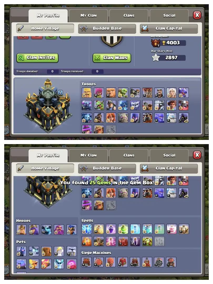 26.3K GEMS 👈 TH 17 MAX ACCOUNT ⚡ 4 HEROS MAX 🚀 HEROS 100-100-74-75-50  🔥 B.B FULL MAX ✔️ HUGE COLLECTION 👈 EVERY SIDE PERFECT 👌 BEST OFFER