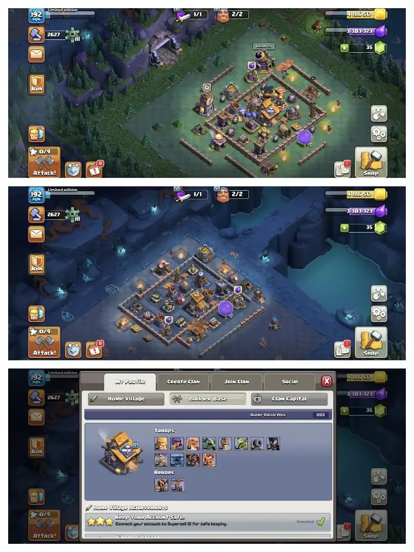 AMAZING OFFER ⚡ TH 17 GOOD QUALITY ACCOUNT ✔️ GOLDEN+BLUE WALL ⚡ 6 BUILDER 🚀 EPIC EQUIPMENT ⚡ HERO 65-86-62-63-29 ✔️ HIGH DEF+LAB 🫶 EVERY SIDE NICE 🚀 BEST DEAL