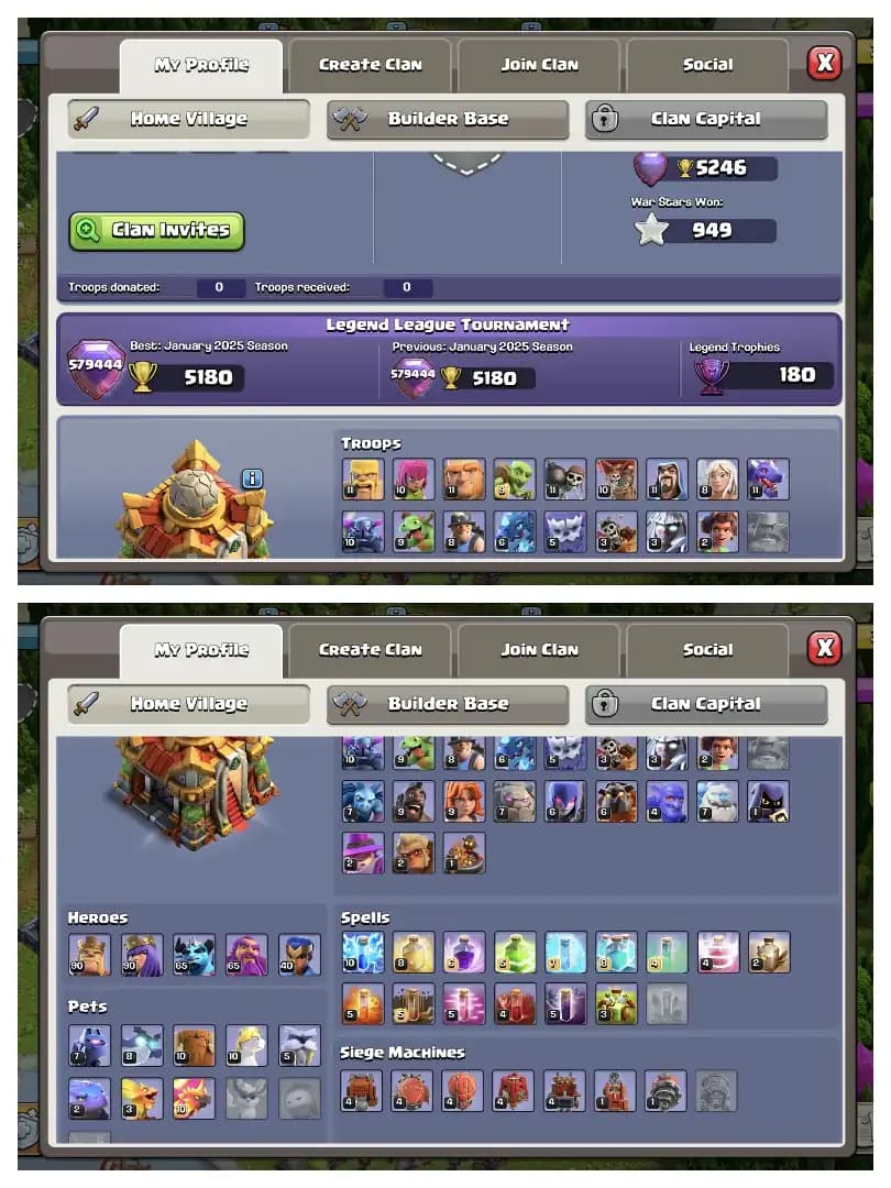 Heros 90-90-65-65-40 ⚡ Th 16 Almost Max Account ✔️ Purple Wall 🔥 Good Epic Equipment 🚀 High Def+Lab 😱 Every Side Fantastic ✔️ Great Offer