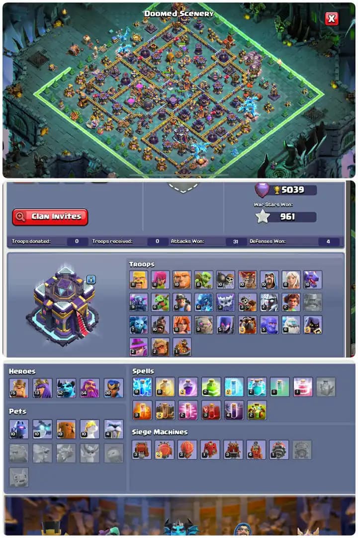 Incredible Th15-Doomed Scenery-Hero[75-73-52-54-30]-League Medal[1002]-5xEpic Equipment[Gg21-Sb14-Eb23]-Full Max Defence