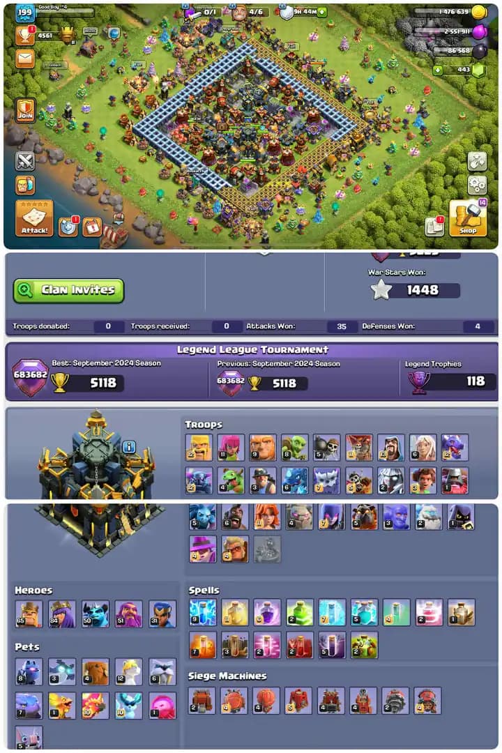 Premium Th17-Core Defence Max-Troops Almost Max-Hero[65-84-50-51-31]-3xEpic Equipment Max[Gg27-Fa27-Fb26-Eb11]-Xp[199].