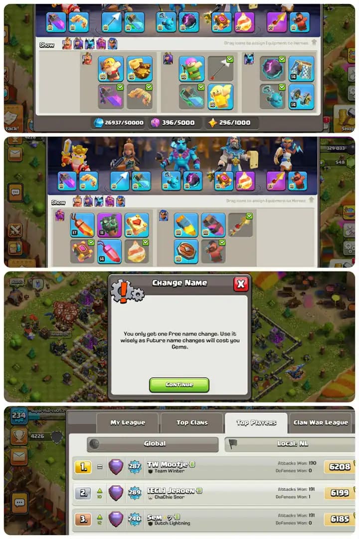 NL,NetherLand Local Th17-Hero Skin[45x]-Hero[97-95-75-75-49]-Defence Almost Max-Xp[234]-18xEquipment Max[Rs27-Fb27]