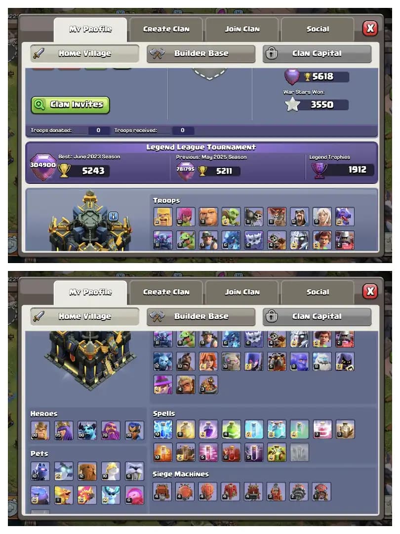 XP-260 🔥 TH 17 ALMOST MAX ACCOUNT ✔️ PURPLE WALL 🛎️ EPIC EQUIPMENT 🚀 HERO 80-95-80-70-38 🔥 HIGH DEF+LAB 🔥 TROOPS ALSO GOOD 🚀 EVERY SIDE SUPER ✔️ PERFECT OFFER