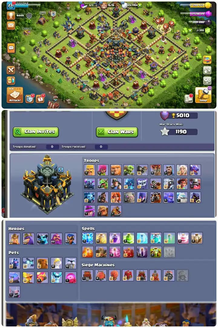 28xHero,s Skin Th17-Walls Max-Hero[100-100-60-43]-7xEpic Equipment[Gg27-Fa17-Mm26-Rs27-Fb14]-Max Builder Base-Decorated.