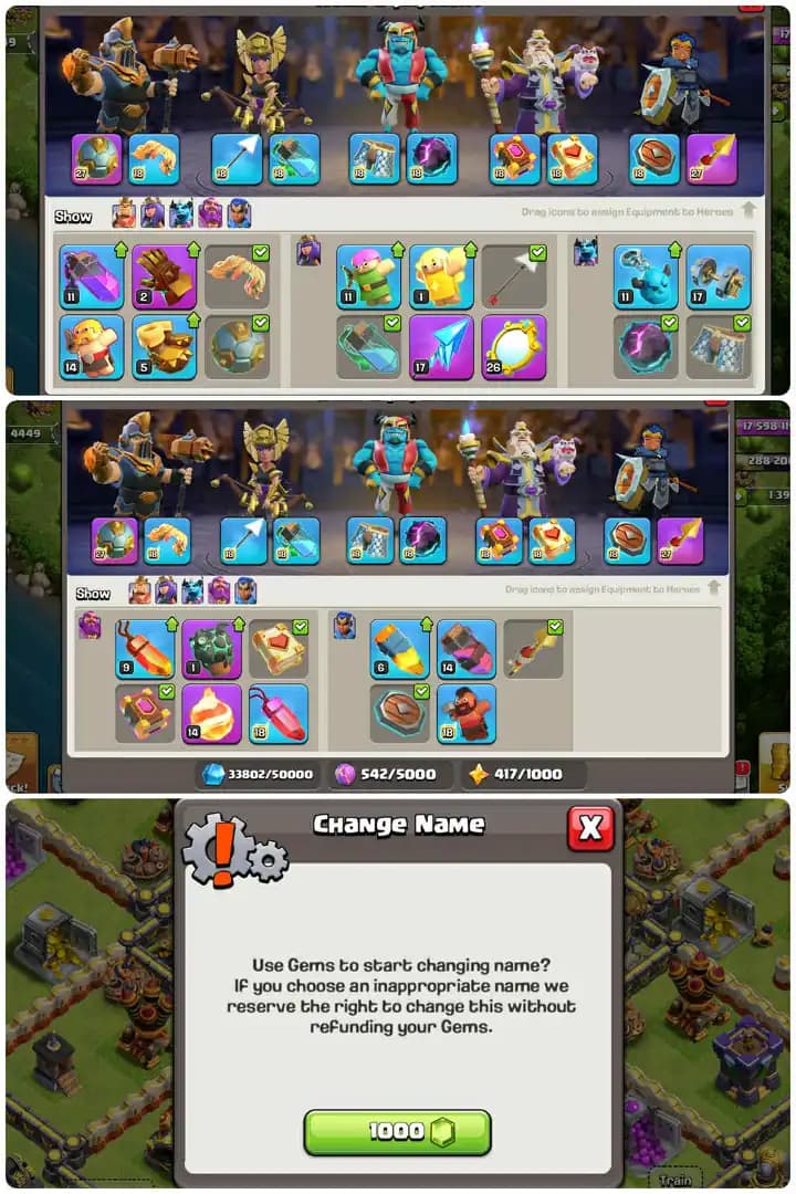 28xHero,s Skin Th17-Walls Max-Hero[100-100-60-43]-7xEpic Equipment[Gg27-Fa17-Mm26-Rs27-Fb14]-Max Builder Base-Decorated.