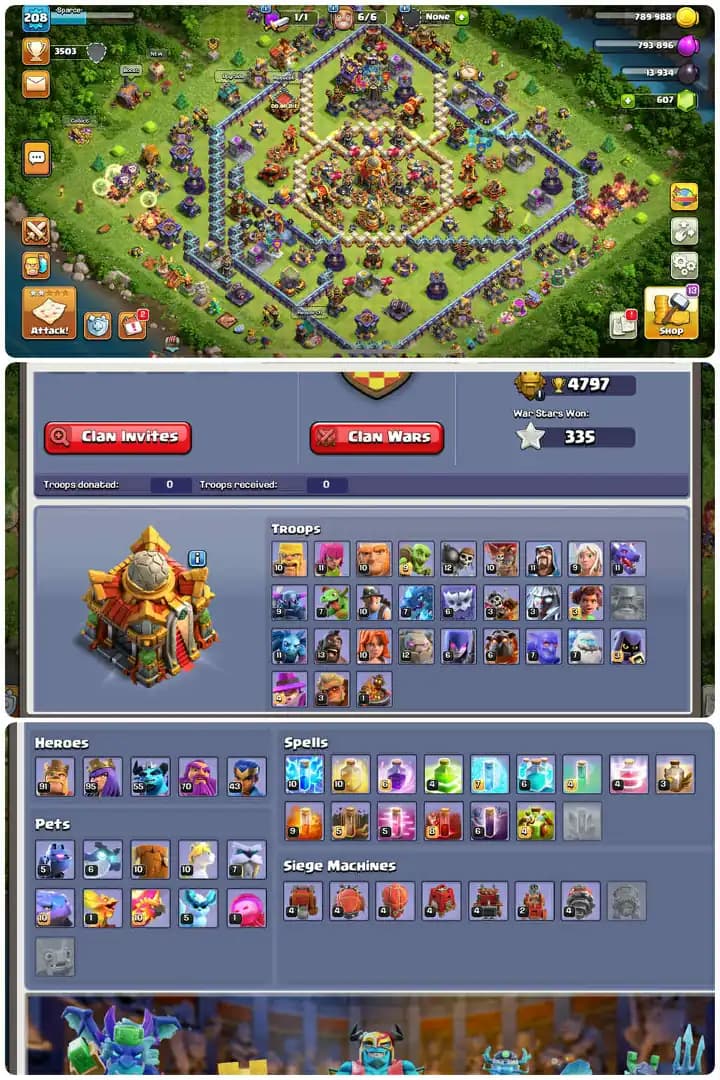 Ca!Canada Local Th16-Hero[91-95-55-70-43]-Purple Walls-Core Defence Max-5xEpic Equipment-Hero,s Skin[21x]-Xp[208].