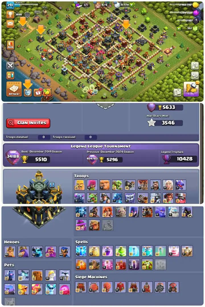Exclusive Th17-Xp[291]-Hero[95-100-81-75-46]-6xEpic Equipment Max Almost-10k Legend Trophy-MaxBuilderBase-CoreDefenceMax