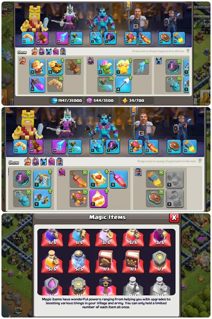 Full Max Th13-Hero[72-74-40-50-23]-Defence Maxed-Labratory Almost Maxed-Dark Blue,Blue Walls-Huge Magic Items.