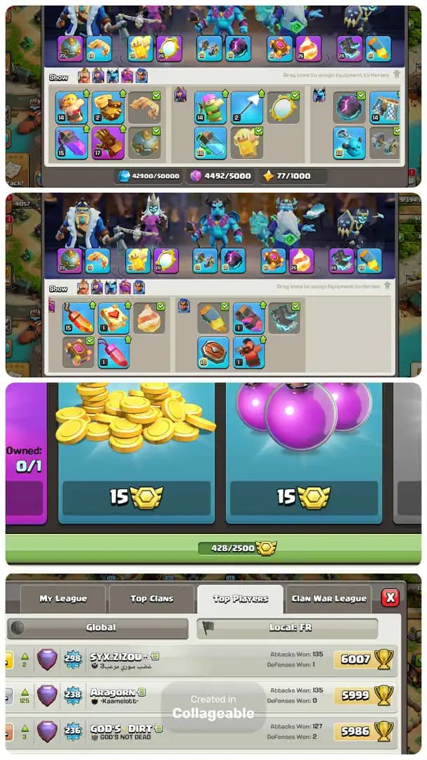 Fr/France Local Th17-Hero[95-95-88-71-45]-7xPets Max-Defence Max-Walls Half Max-5xBest Epic Equipment-Heros Skin[27x