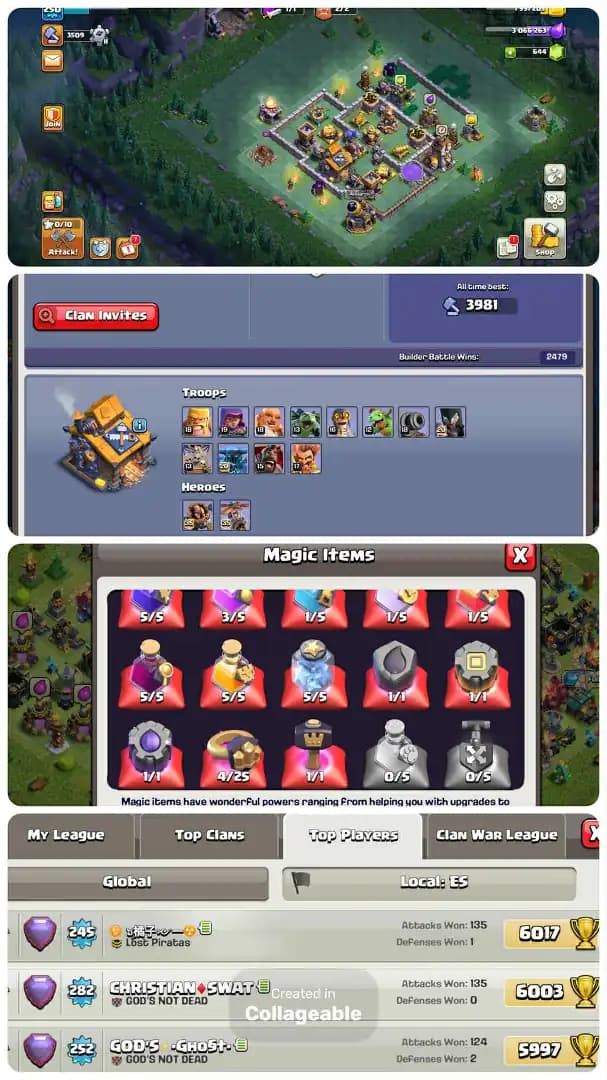 Es/Spain Local Th17-Hero[95-97-75-74-48]-8xPets Max-Ores Full-Medal[358]-Level[250]-Defence Maxed-Max Builder Base