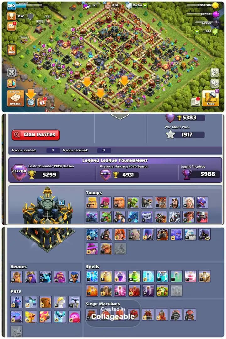 Es/Spain Local Th17-Hero[95-97-75-74-48]-8xPets Max-Ores Full-Medal[358]-Level[250]-Defence Maxed-Max Builder Base