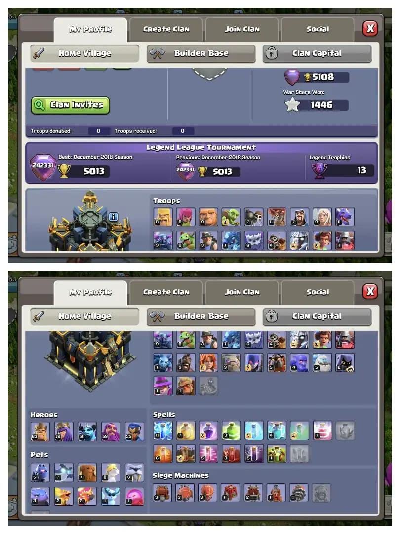 Best Offer 🚀 Th 17 High Quality Account 🛎️ Purple+Golden Wall ✔️ Xp-228 🚀 Heros 63-78-51-59-35 🔥 Equipment Available 🚀 Good Collection 🔥 Nice Offer