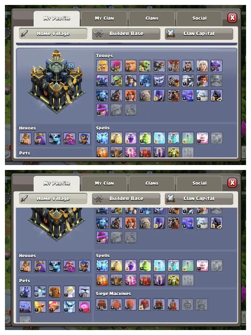 Pure Offer 🔥 Th 17 Super Quality Account 🚀 Golden wall 🔥 High Equipment ✔️ Heros 64-72-40-53-37 🔥 High Def+Lab 🛎️ Huge Collection 🔥 Every Side Super 🚀 Top Offer